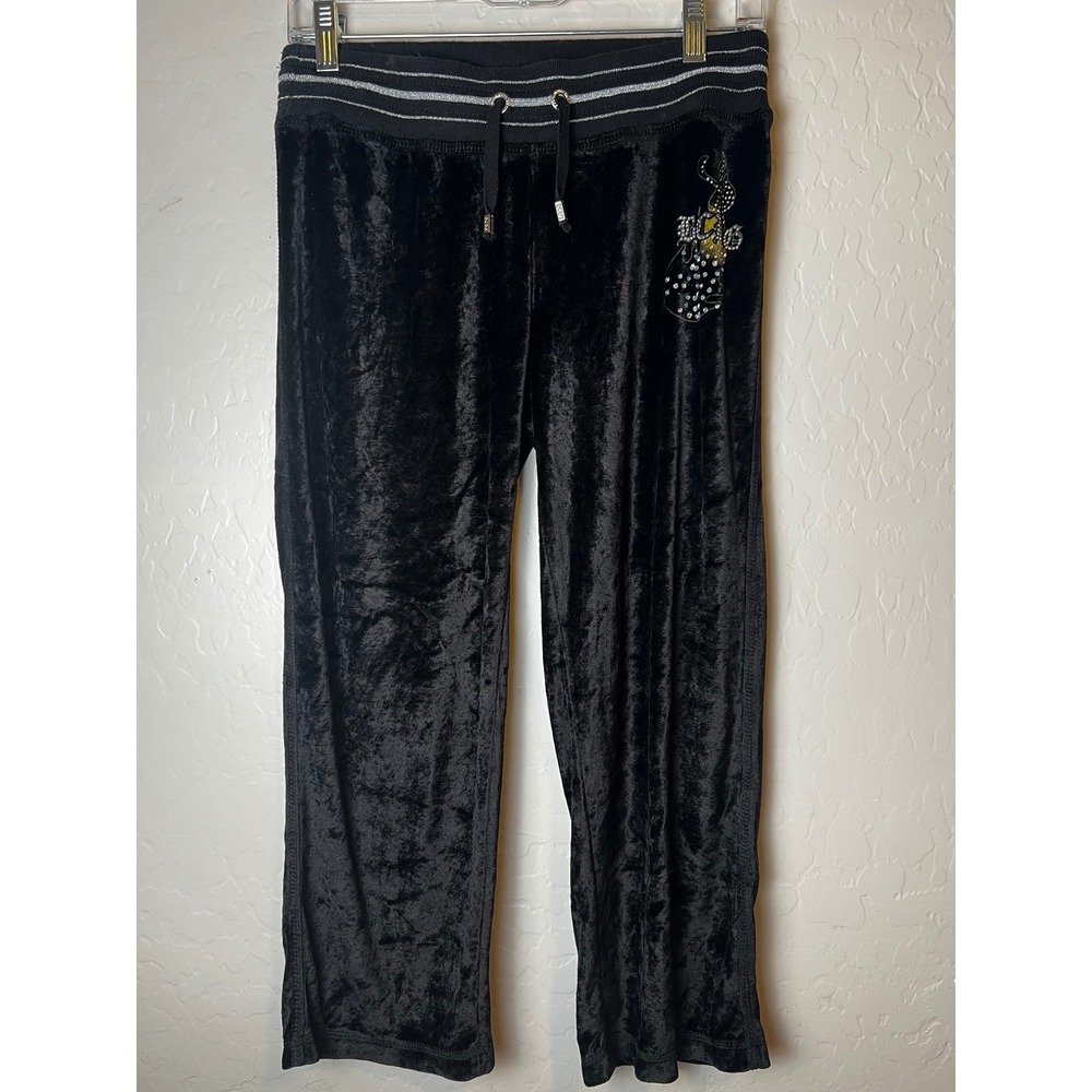 BCBG Max Azria Black Velour Track Pants Rhinestone Y2K Velvet Joggers Women M
